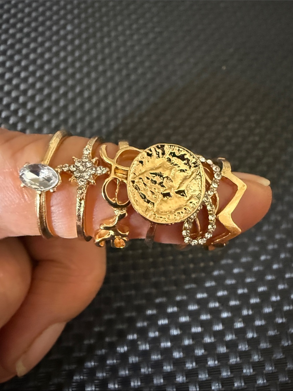 Gold Tone Stackable Coin & Crystal Ring Set - Women's Jewelry